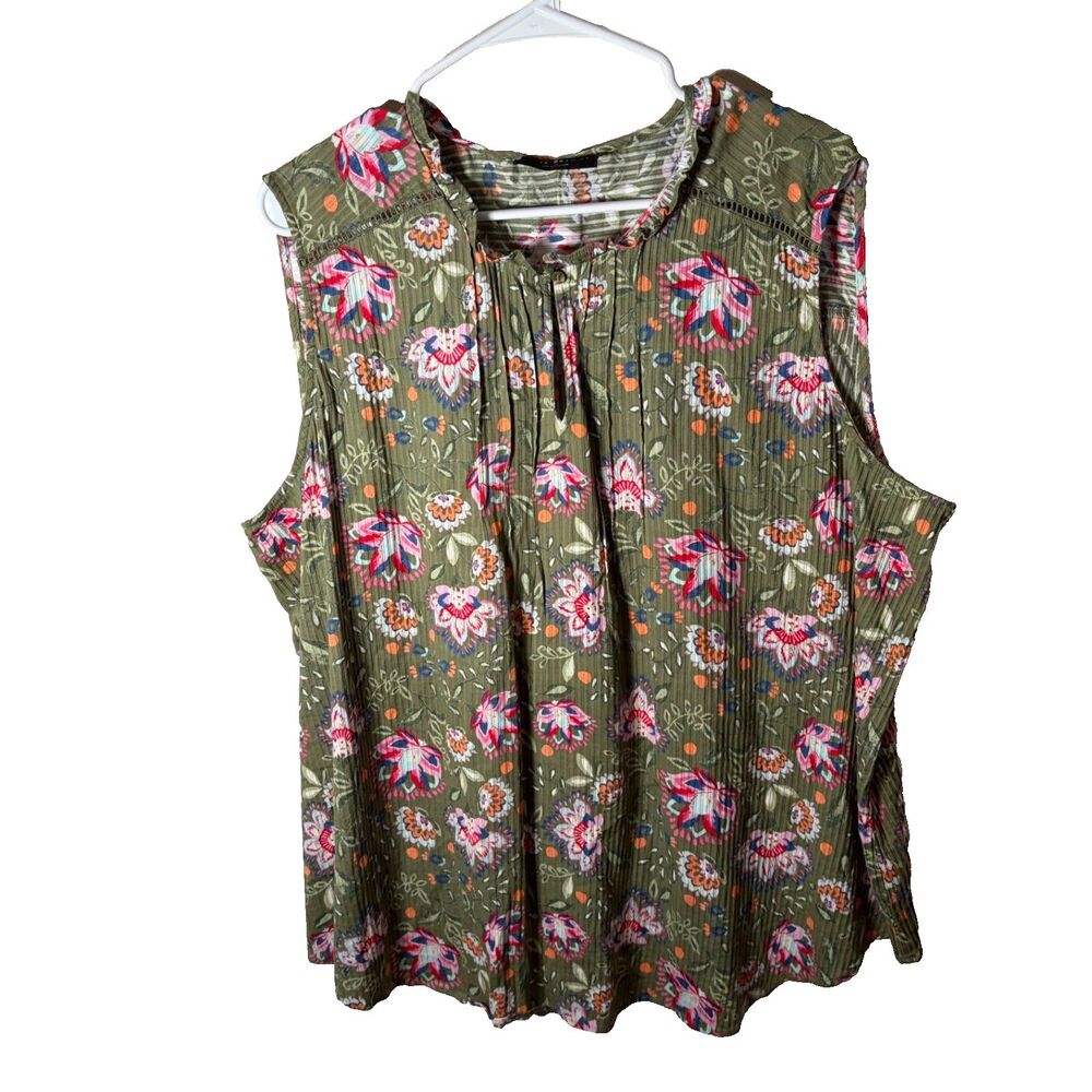 Lane Bryant Blouse Women's 22 Green Striped Floral Sleeveless Ruffle Casual